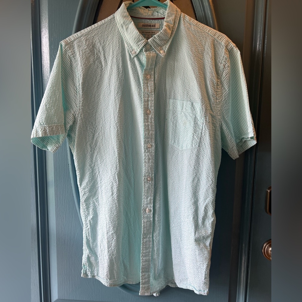 Goodthreads Teal/Mint Green White Striped/Seersucker Shirt - Men’s L slim fit